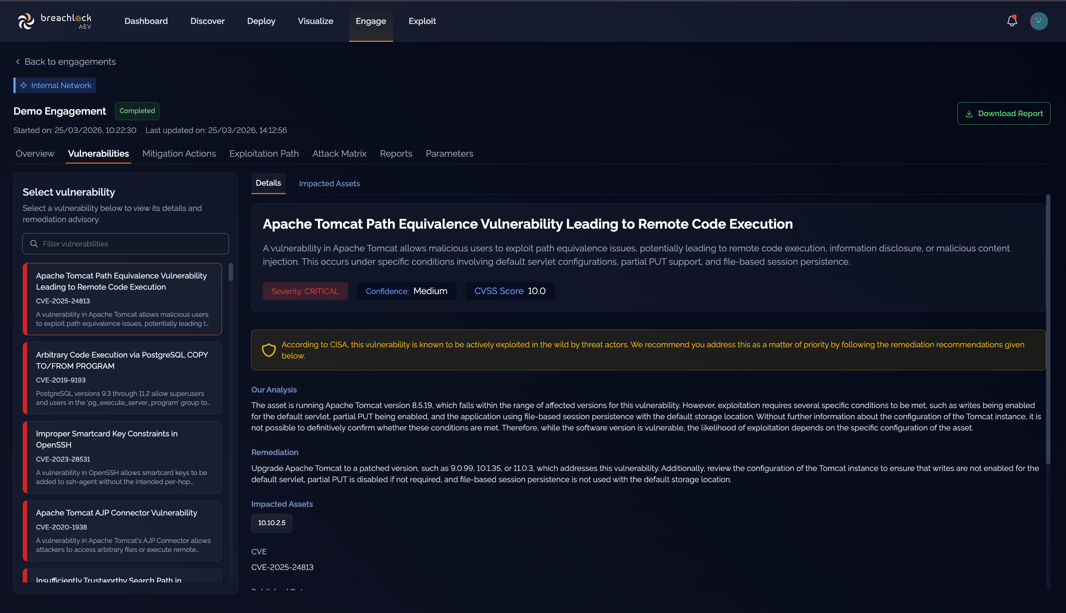 Vulnerabilities tab showing list, details, impacted assets, and remediation guidance