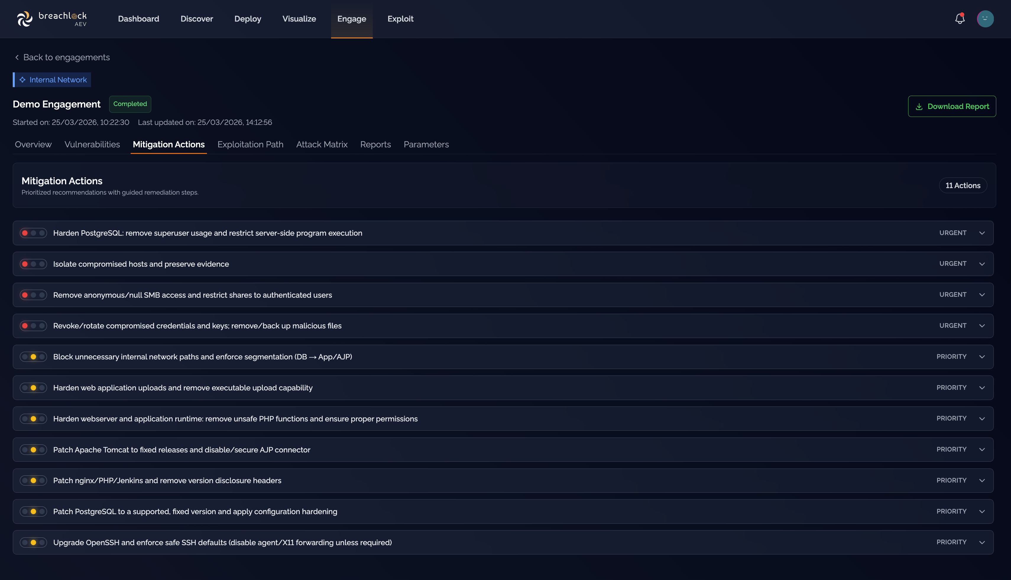 Mitigation Actions tab showing prioritized remediation recommendations