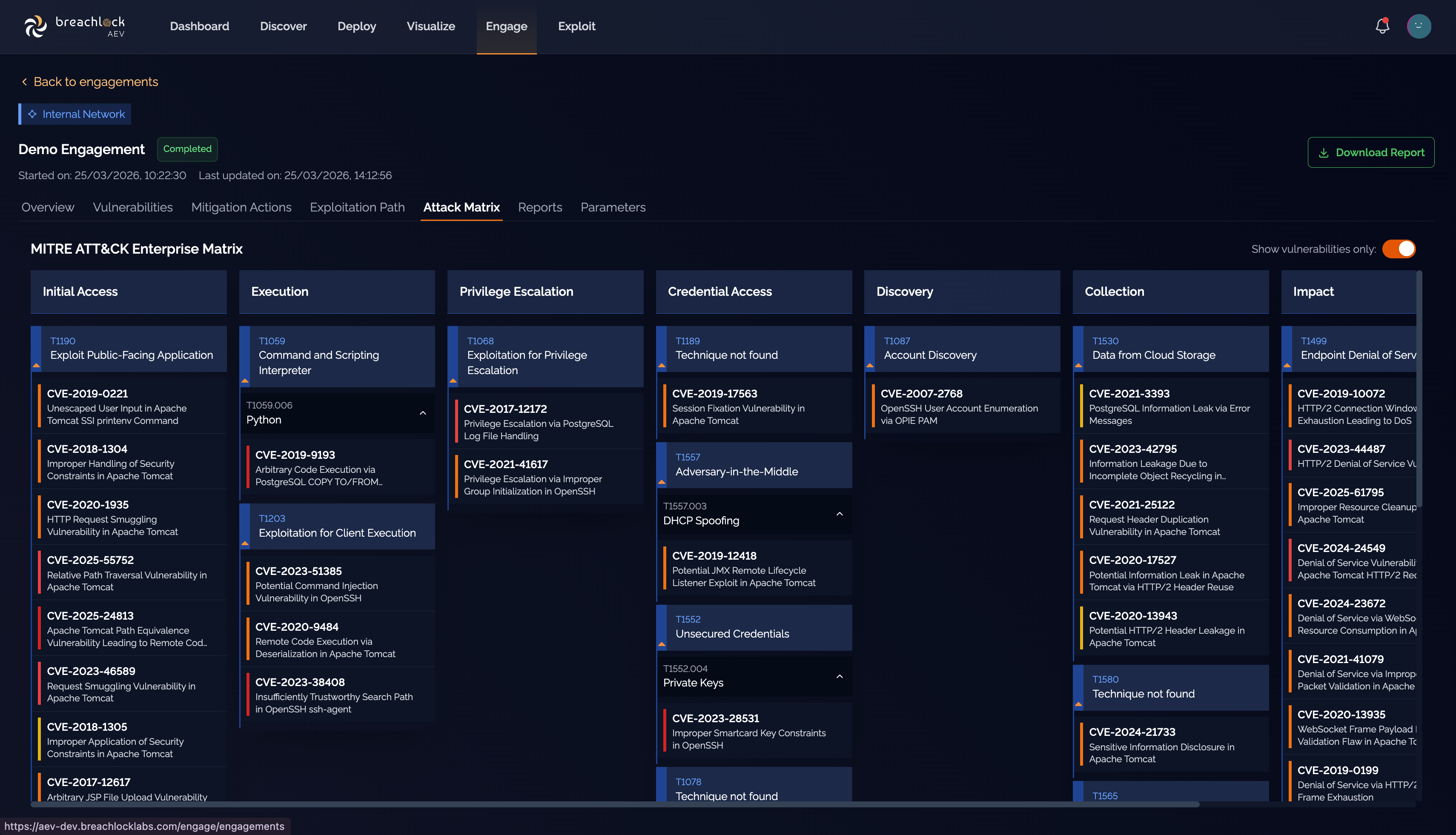 Attack Matrix tab showing MITRE ATT&CK framework mapping with tactics and techniques