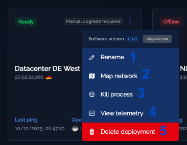 Deployment context menu showing available actions