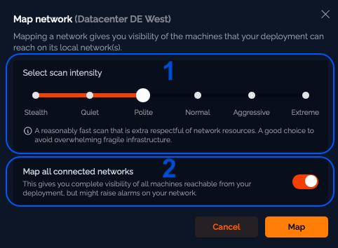 Map Network interface showing scan intensity selector and network range options