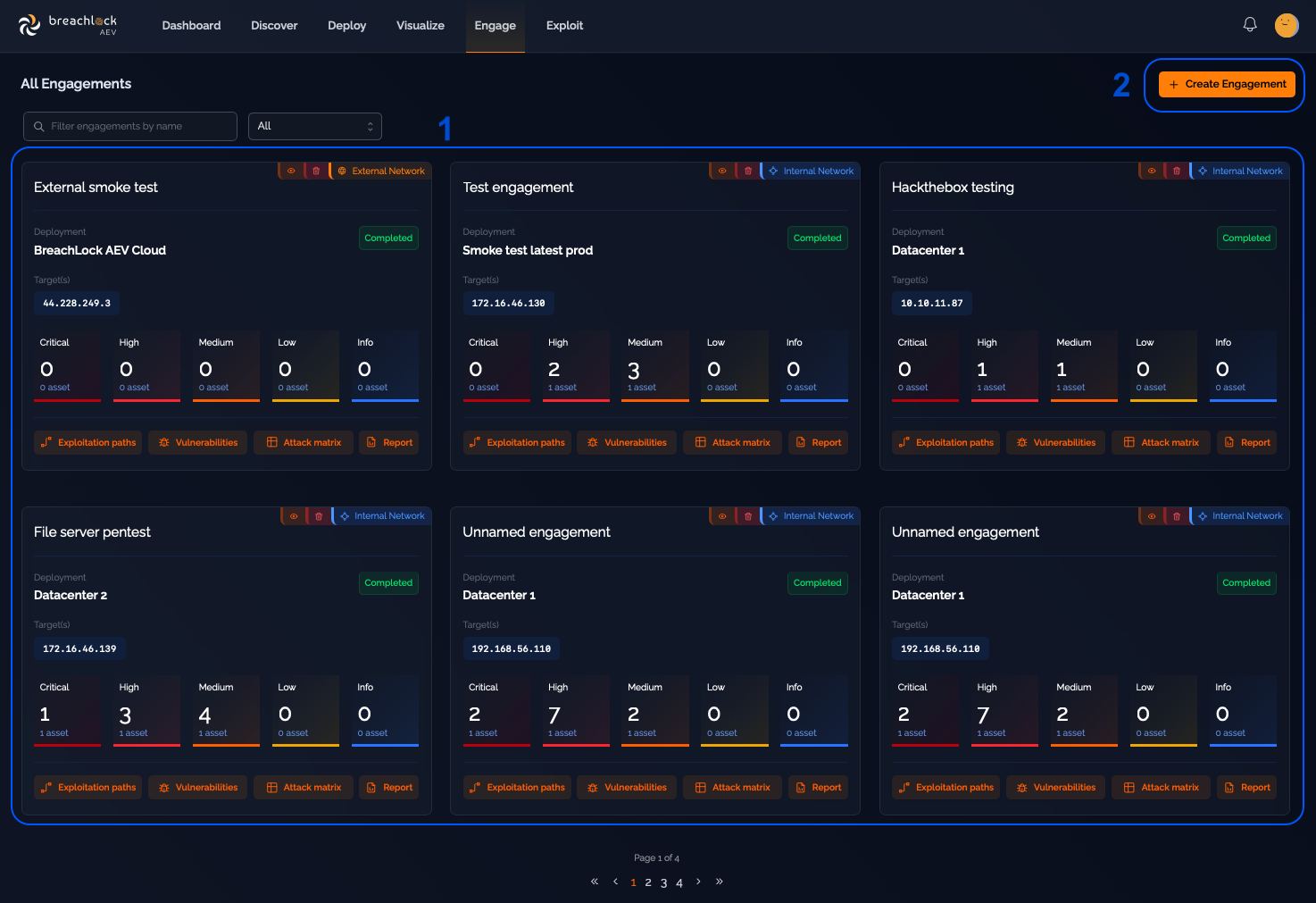 Engagements page showing grid of engagement cards with status indicators
