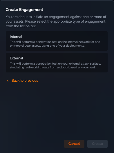 Engagement type selection screen showing Internal and External options