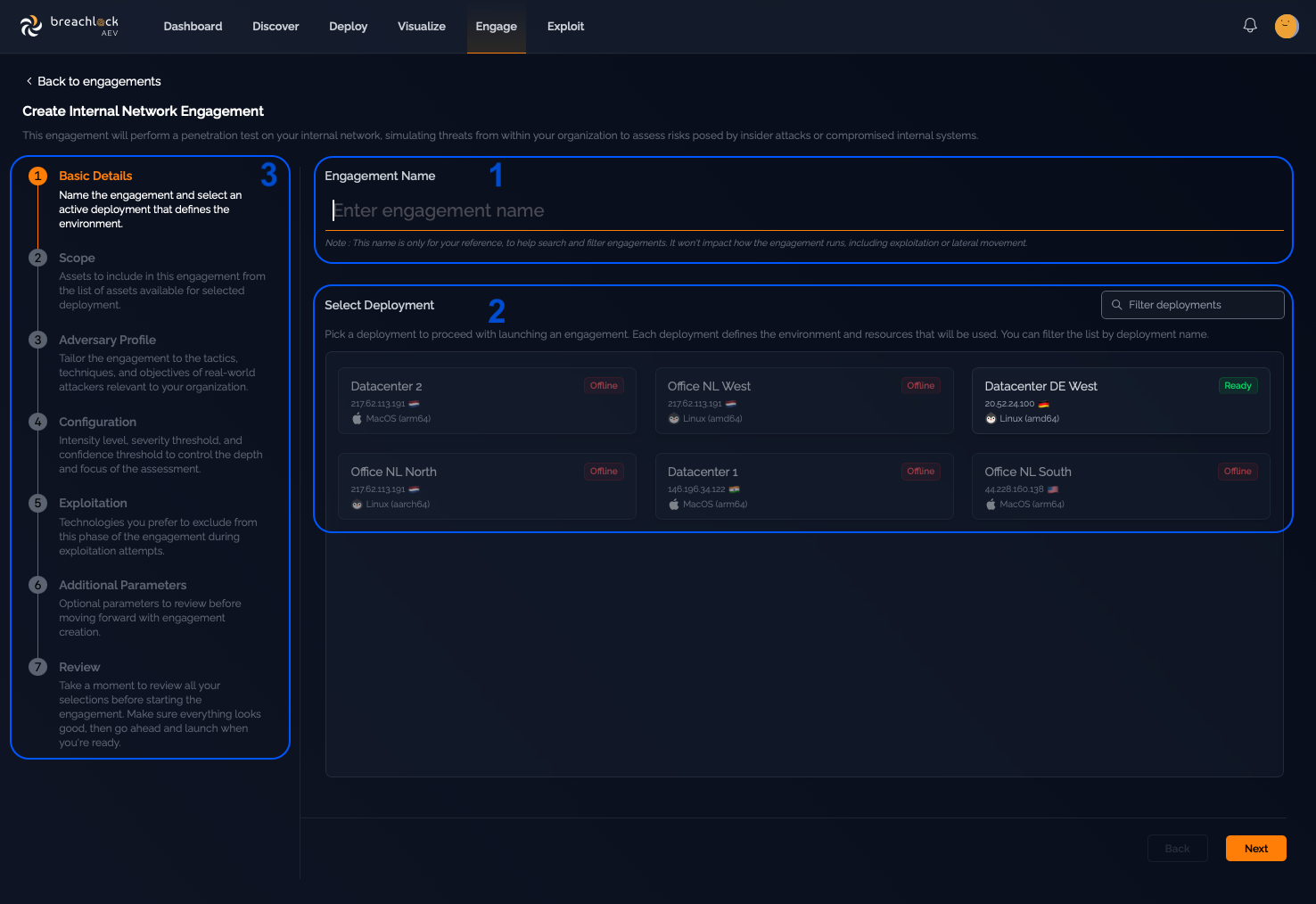 Engagement creation form showing name, deployment selection, and step progress overview