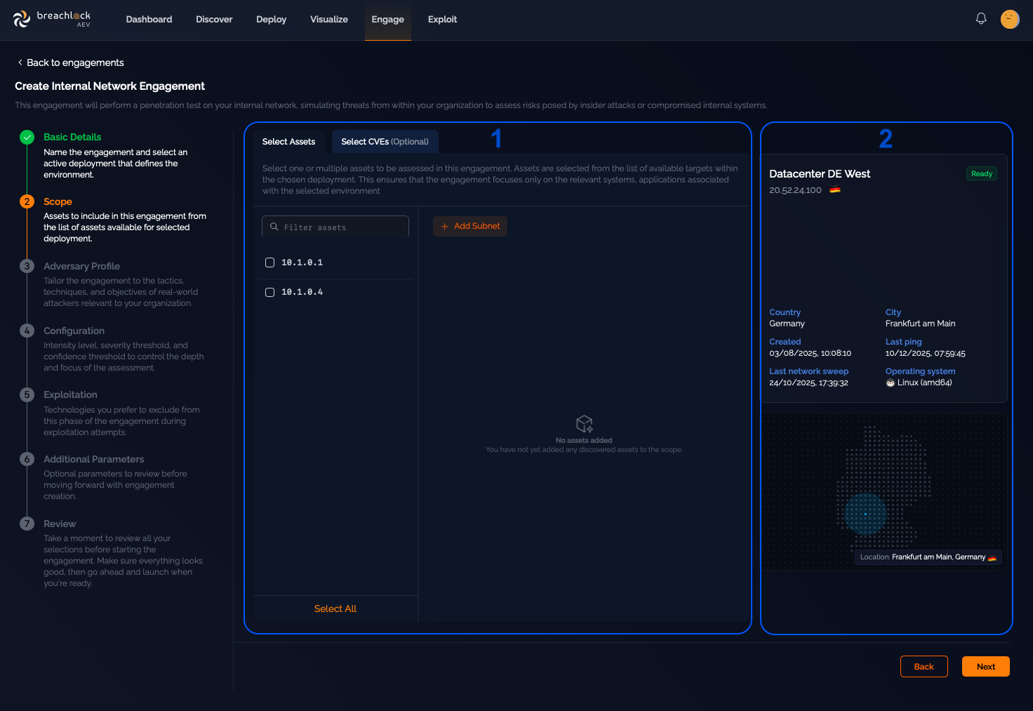 Scope configuration screen showing asset selection panel and deployment summary