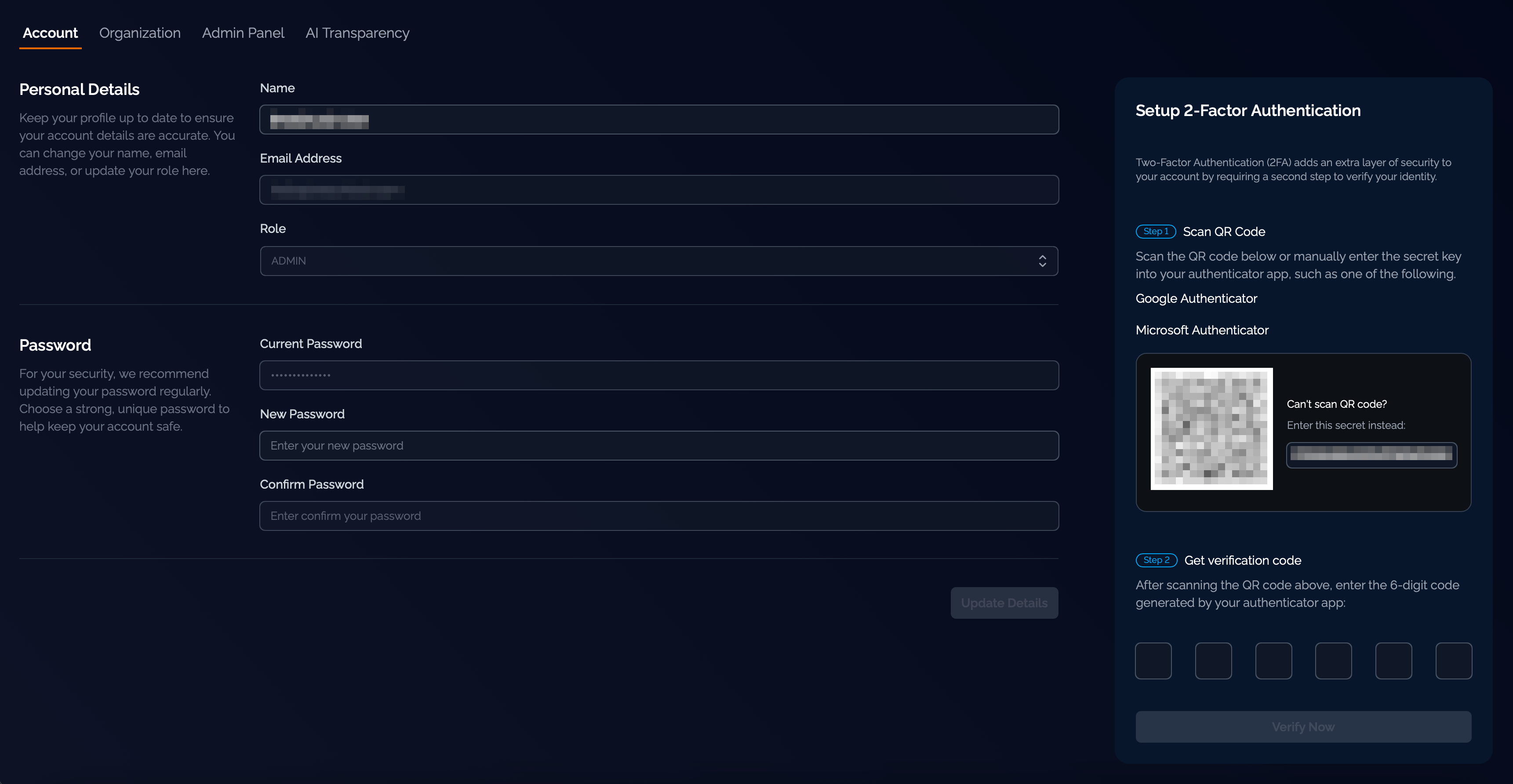 Account settings page showing MFA setup options with QR code