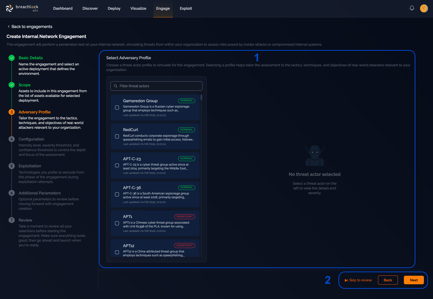 Adversary Profile selection screen showing threat actor list and search functionality