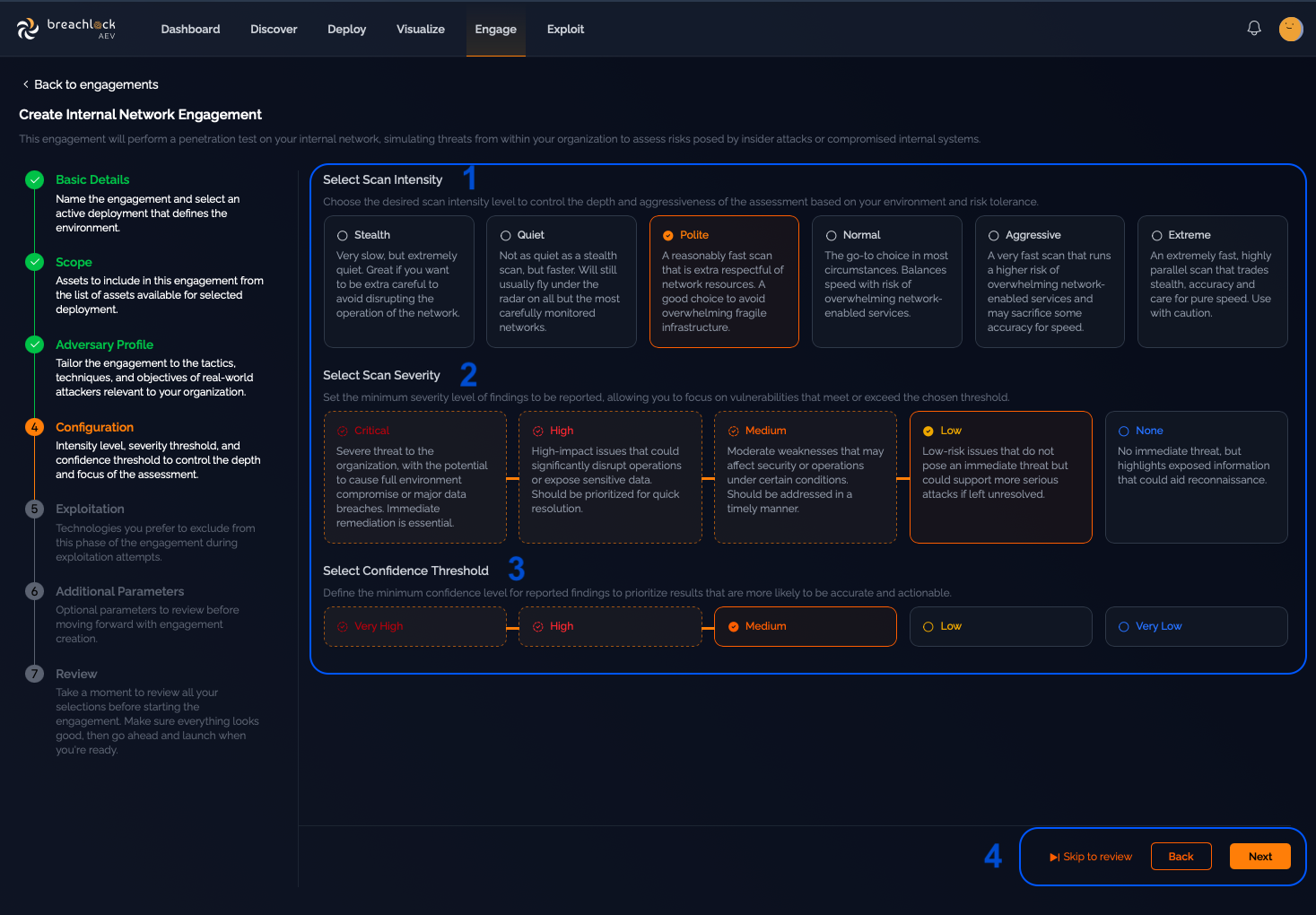 Configuration screen showing intensity, severity, and confidence threshold controls