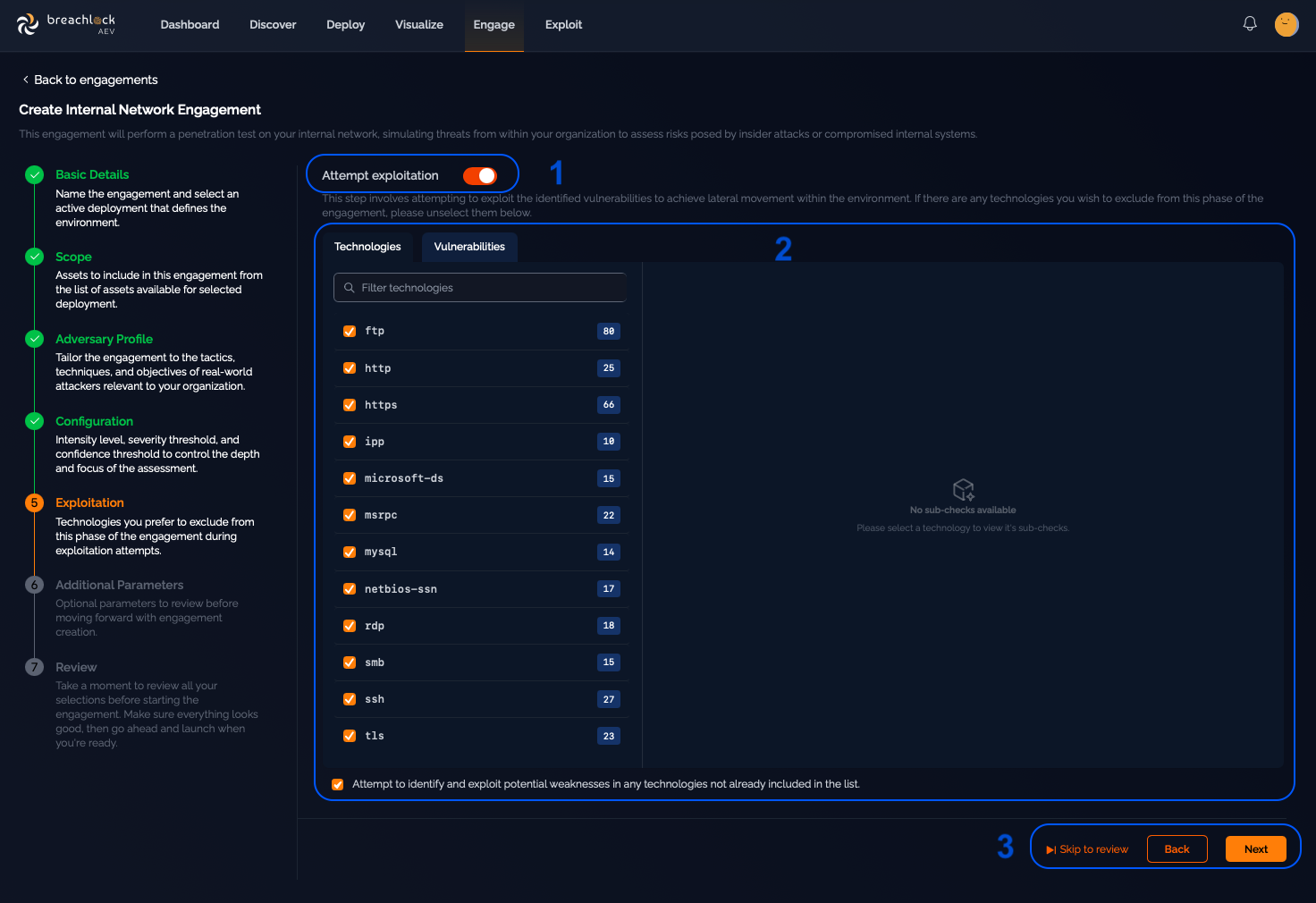 Exploitation configuration screen showing toggle and technology selection tabs