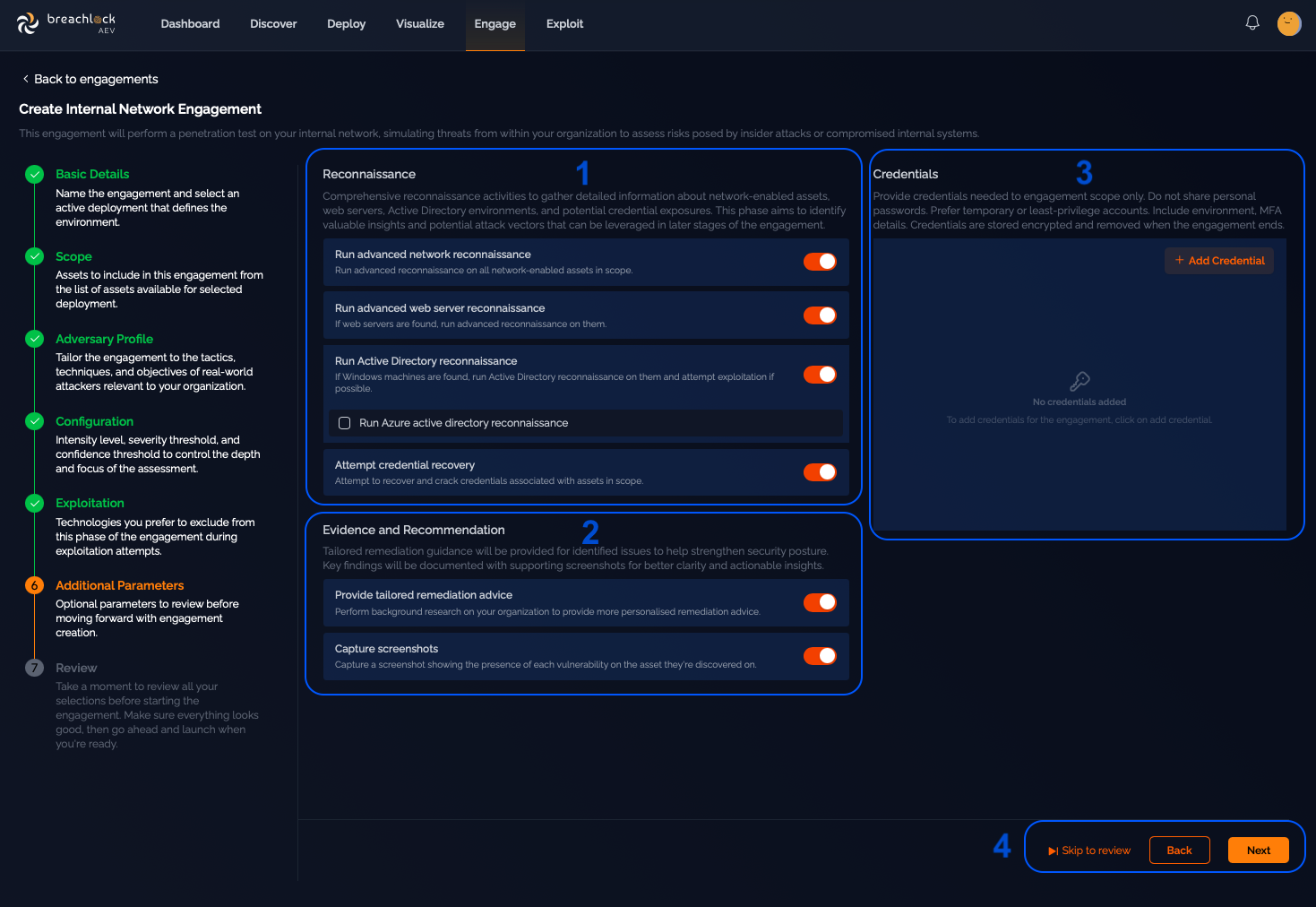 Additional Parameters screen showing reconnaissance options, evidence settings, and credentials panel