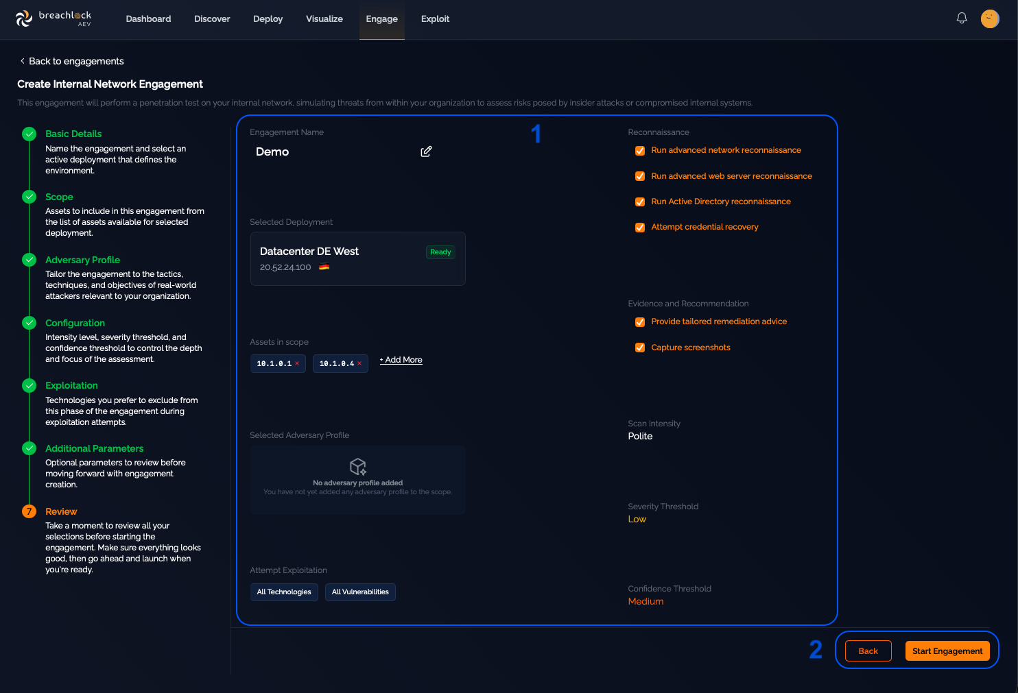 Review screen showing consolidated configuration summary and navigation controls
