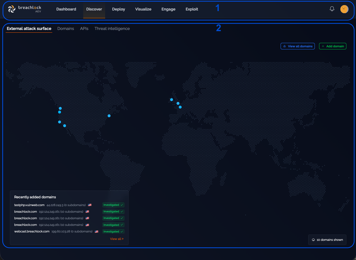 Main Breach360 interface showing the top navigation bar and dashboard overview