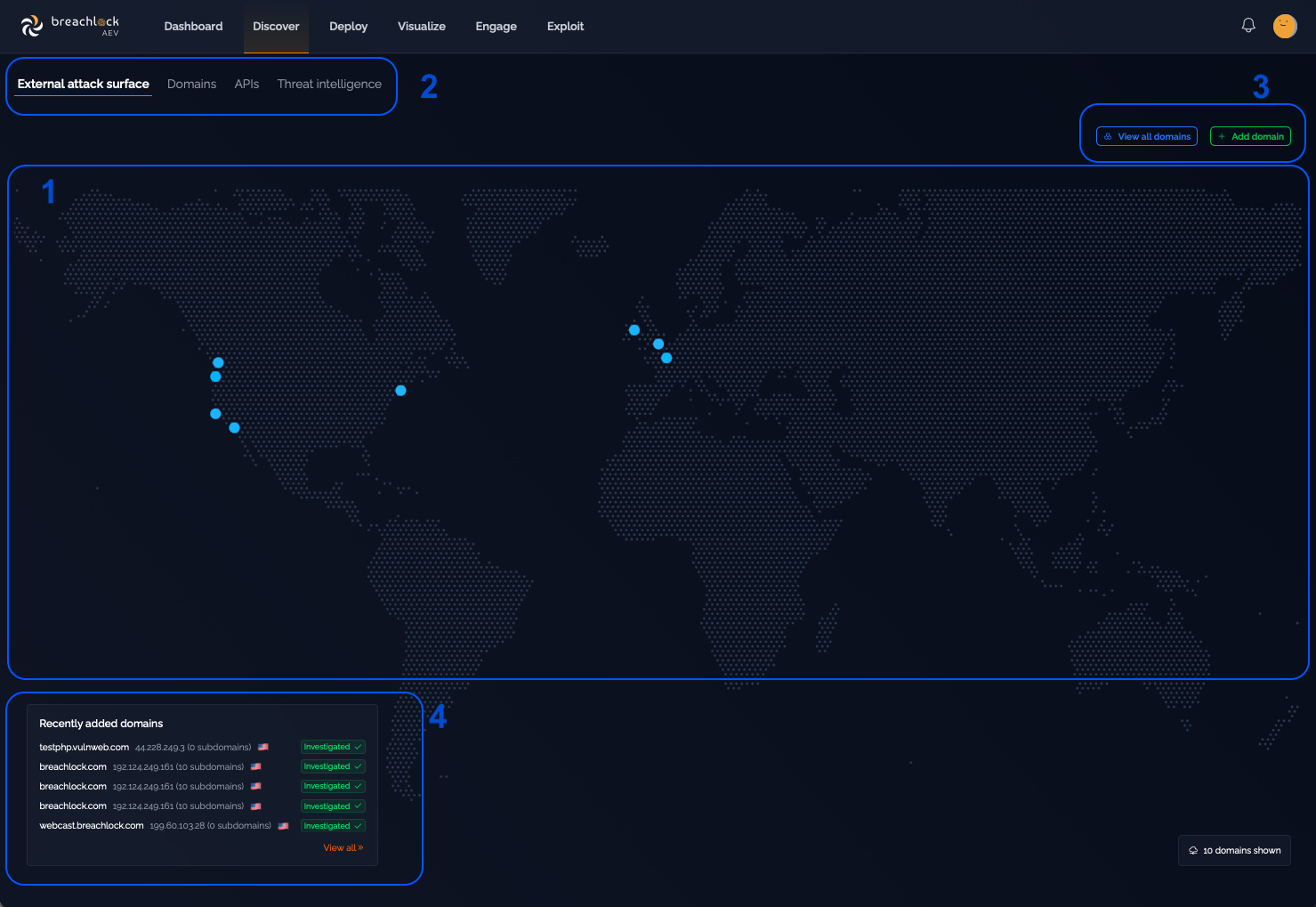 Discover page showing global map with domain markers and discovery modules