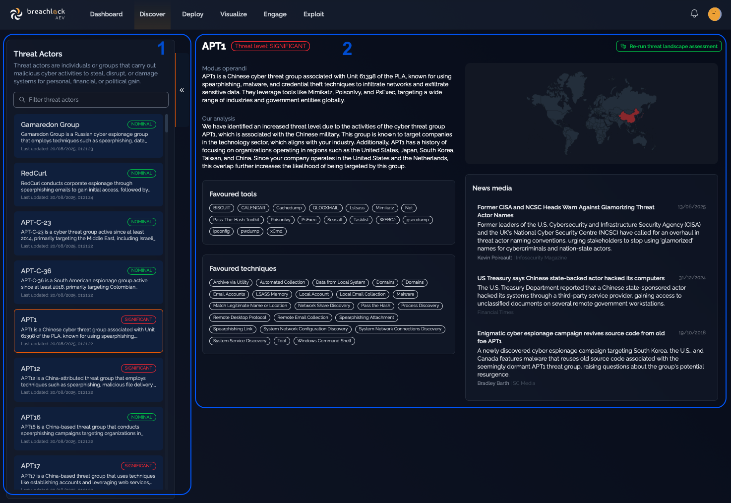 Threat Intelligence page showing threat actor list and details panel