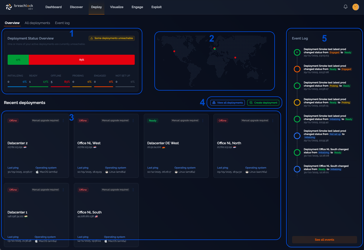 Deploy page showing deployment status overview, global map, and recent deployments
