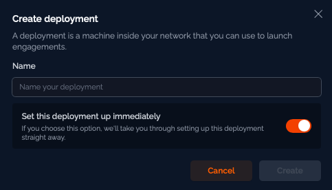 Create deployment dialog showing name input and setup toggle