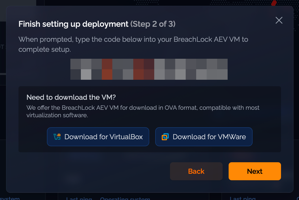 OVA download options showing VirtualBox and VMware files with pairing code displayed