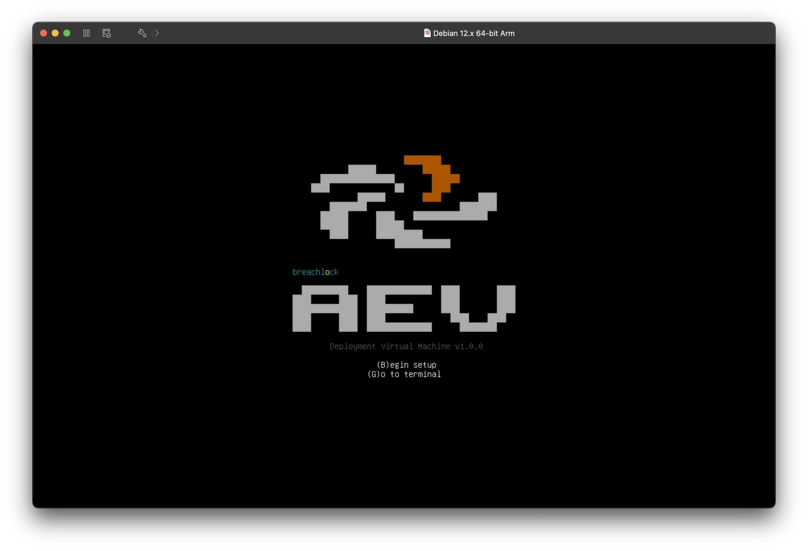 OVA splash screen showing Begin setup and Go to terminal options