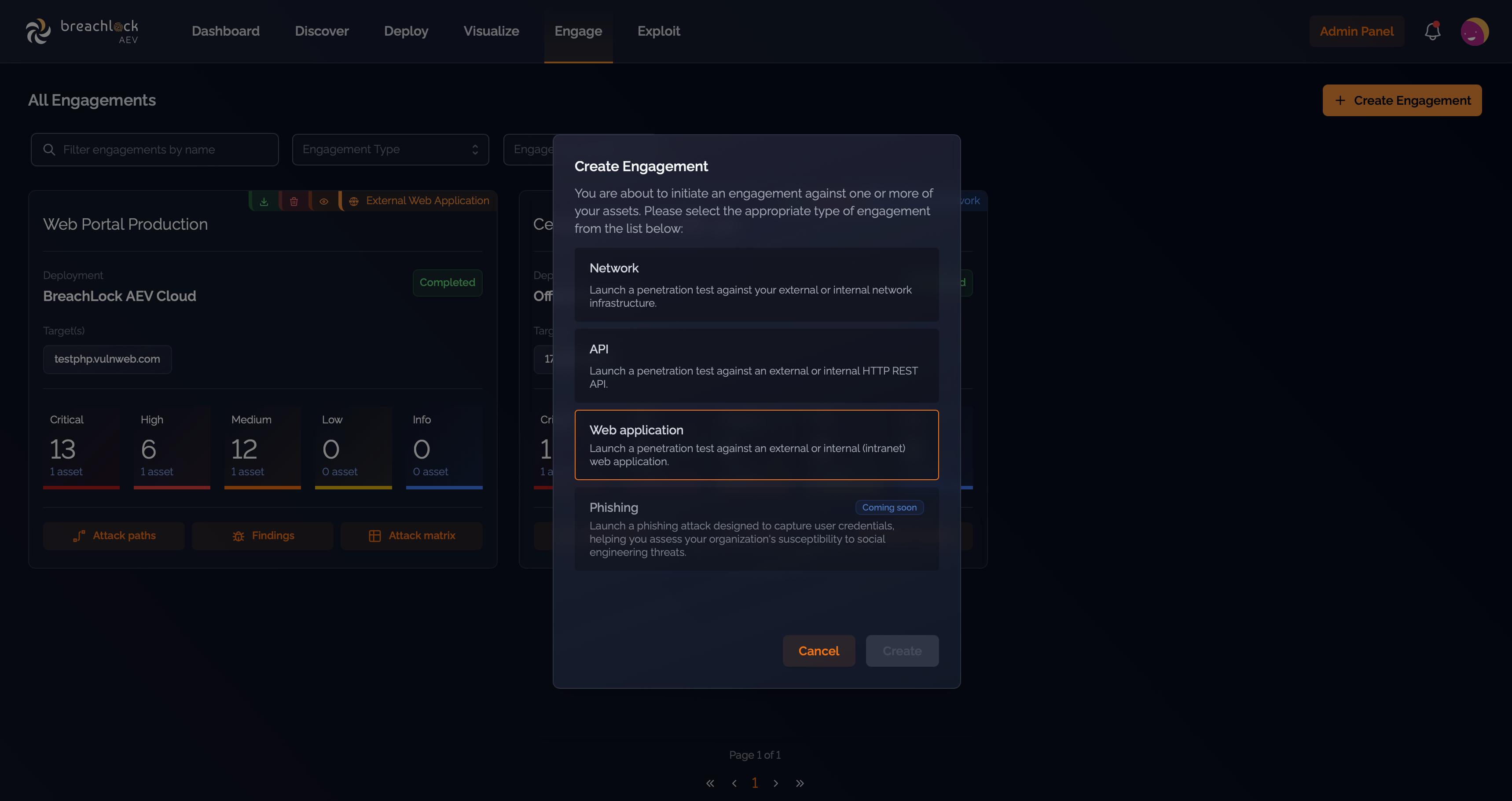 Selecting the web application engagement type before entering the engagement creation process.