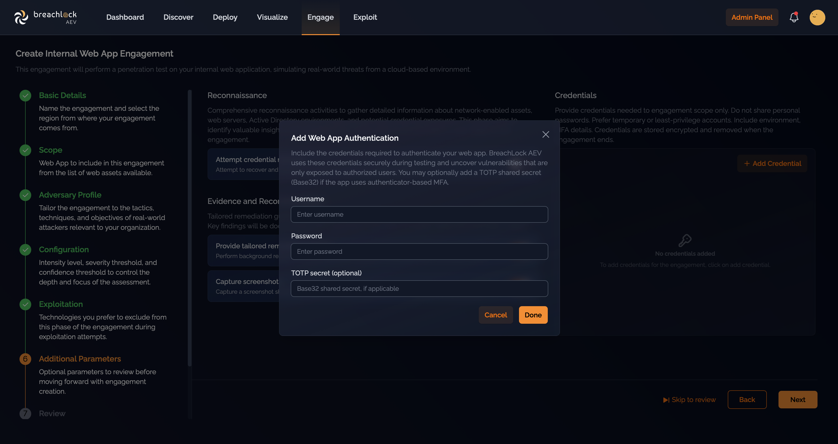 Adding username/password and optional TOTP credentials during web app engagement creation.
